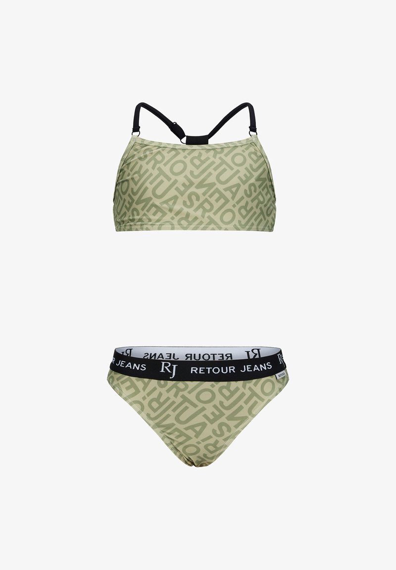 Completo bikini in due pezzi di un verde oliva chiaro, con un top a fantasia con spalline nere e slip coordinati con una cintura nera.