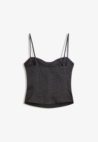 Schwarzes Camisole-Top mit einem subtilen Leopardenmuster, dünnen verstellbaren Trägern und einer figurnahen Silhouette aus einem glatten Stoff.