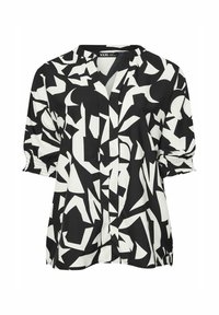 Blusa bianca e nera con un motivo geometrico astratto, scollo a V, maniche corte a sbuffo e una vestibilità rilassata con polsini arricciati.