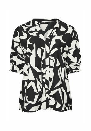 Zwart-witte blouse met een abstract geometrisch patroon, een V-hals, korte pofmouwen en een relaxte pasvorm met geplooide manchetten.