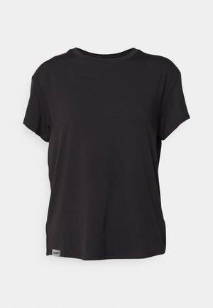 Black short-sleeve t-shirt made from soft fabric, featuring a rounded neckline and a small logo tag at the bottom left hem.
