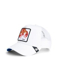 Casquette blanche avec un dos en filet, ornée d'un graphique de crabe rouge et orange dans un patch carré, accentuée d'une bordure noire et de détails de logo.