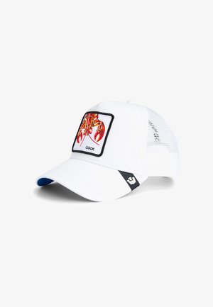 Casquette blanche avec un dos en filet, ornée d'un graphique de crabe rouge et orange dans un patch carré, accentuée d'une bordure noire et de détails de logo.