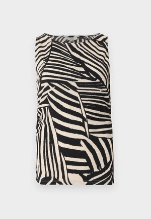 Bluza fără mâneci în negru și bej, cu un model îndrăzneț și abstract de dungi de zebră și decolteu rotund, afișată pe un fundal alb.