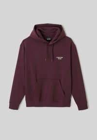 Sweat à capuche bordeaux en coton doux avec une poche avant. Dispose d'une capuche à cordon et d'un texte blanc "Create Your World" sur la poitrine.