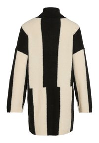 Pull long et surdimensionné avec de larges rayures verticales noires et crème, col montant et texture côtelée. Côtés ouverts et coupe décontractée.