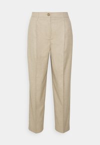 Pantaloni in lino beige con design a gamba dritta, single front button, due tasche laterali e una texture sottile.