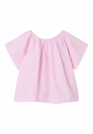 Loszittende roze-witte blouse met verticale strepen, brede korte mouwen en elastische off-shoulder halslijn.