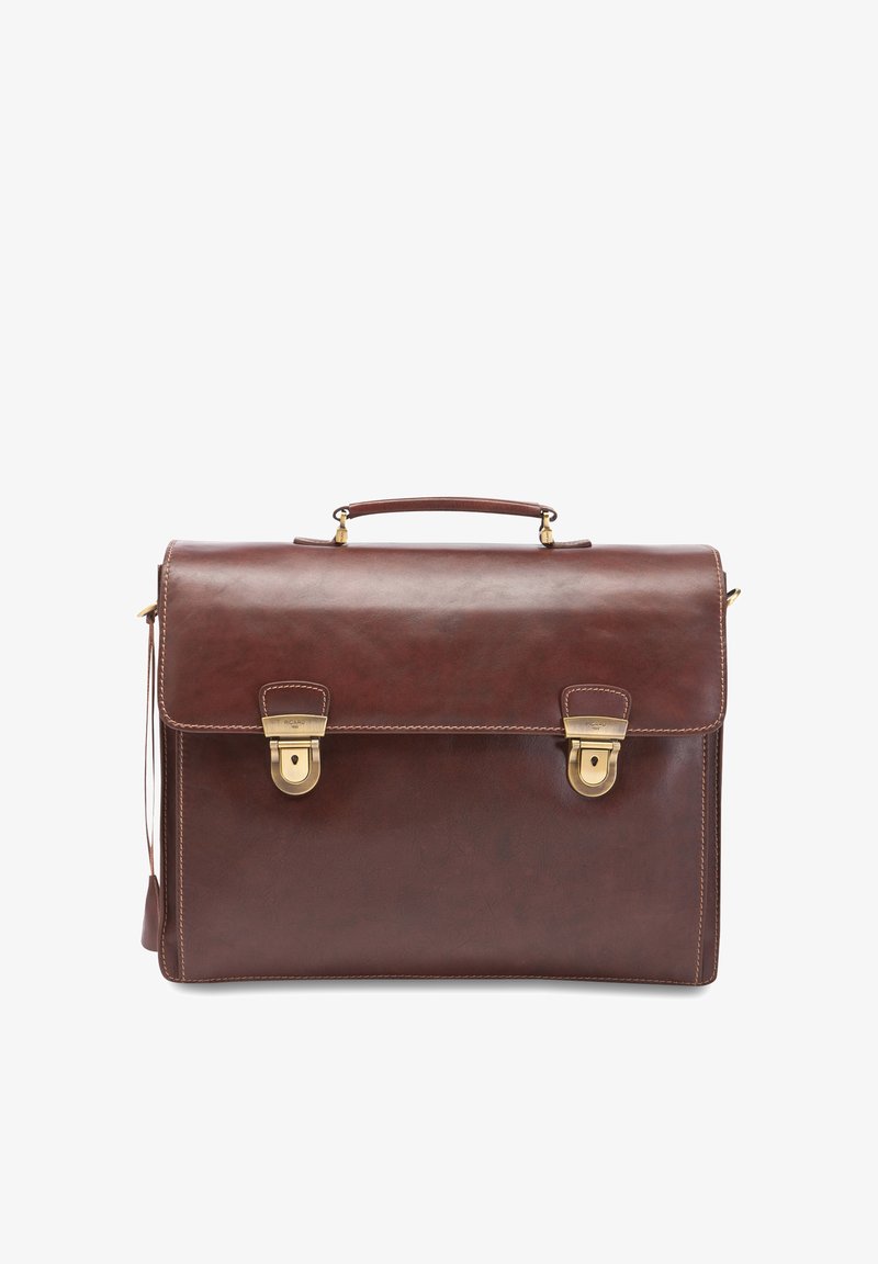 Brown leather briefcase with a single handle and two gold-tone metal clasps on the front against a white background.