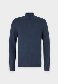 Marineblauer Pullover mit hohem Kragen und einem Viertel-Reißverschluss. Aus strukturiertem Strickstoff gefertigt. Gerippte Bündchen und Saum.