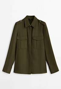 Dark olive green military-style shirt, long sleeves, buttoned shoulder epaulets, two chest pockets, smooth fabric texture, button closure.