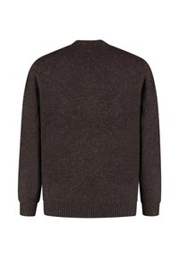 Donkerbruin, gestructureerd sweater met een ronde hals, lange mouwen en een geribde zoom. De achteraanzicht benadrukt een gladde stofafwerking.