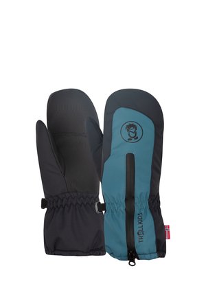 Kinder-Winterfäustlinge in Türkis und Schwarz mit elastischen Handgelenken, einem Reißverschluss auf der Rückseite sowie einem Trollkids-Logo und einem norwegischen Flaggenetikett.