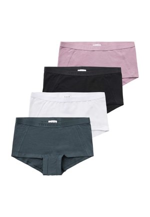 Fire par mænds boxer briefs i pink, sort, hvid og blågrøn. Fremstillet i blødt stof med elastiske linninger, der har mærket "SWEDEMOUNT."