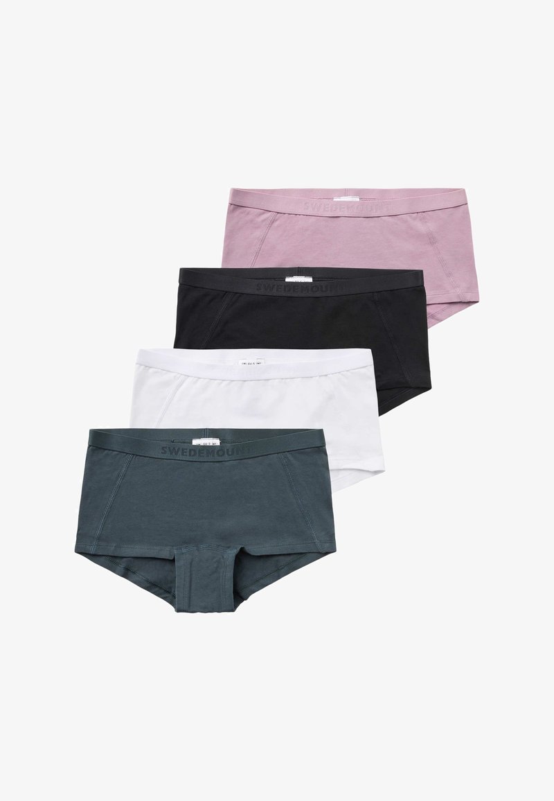 Čtyři páry pánských boxerek v odstínech růžové, černé, bílé a tyrkysové. Vyrobeny z měkké látky s elastickými pasy, na kterých je štítek "SWEDEMOUNT."