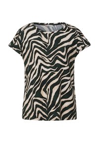 Topp med kort ärm i ett lätt tyg som har ett mönster av gröna och beige zebraränder, med rund halsringning och avslappnad passform.