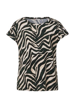 Krátký rukáv top vyrobený z lehkého materiálu s vzorem zebřích pruhů v zelené a béžové barvě, s kulatým výstřihem a volným střihem.