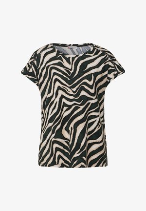 Krótki rękaw top z lekkiego materiału z zielono-beżowym wzorem zebry, okrągłym dekoltem i luźnym krojem.