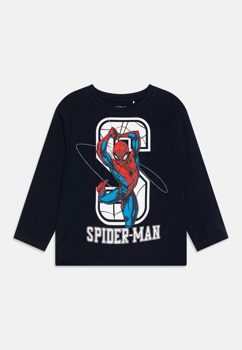T-shirt de manga longa azul marinho em algodão, com uma gráfica colorida do Spider-Man contra um design de teia, com o texto "SPIDER-MAN" abaixo.