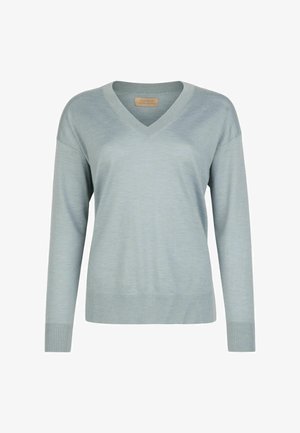 Jasnoniebieski sweter z długim rękawem i dekoltem w serek, z prążkowanymi mankietami i krawędzią, wykonany z delikatnej dzianiny.