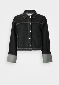 Black denim jacket with a collar, front button closure, and gray cuff accents. Features contrasting white stitching and a cropped design.