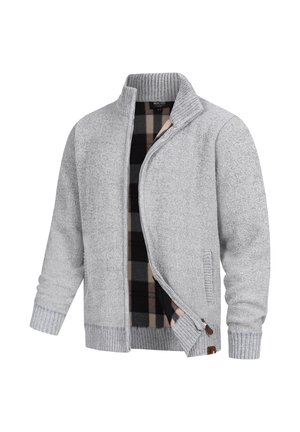 Grijze gebreide jas met een ritssluiting, geribde kraag en manchetten, en een geruite binnenvoering in zwart, beige en bruine tinten.