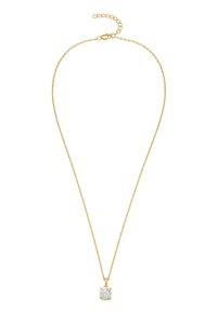 Goldkette mit klarem Edelsteinanhänger in einer vierzackigen Fassung. Die Kette hat ein zartes, strukturiertes Design und einen verstellbaren Verschluss.