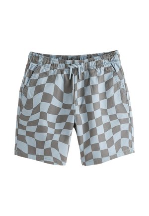 Hellblaue und braune karierte Badeshorts mit elastischem Bund und Kordelzug, ausgestattet mit Seitentaschen und einer glatten Stoffstruktur.