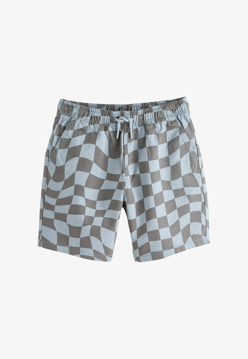 Világoskék és barna kockás fürdőnadrág rugalmas derékrésszel és húzózsinórral, oldalzsebekkel és sima szövet textúrával.