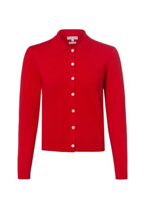 Rode cardigan met lange mouwen, witte knopen en een puntige kraag, gemaakt van puur katoen.