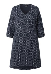Navyblaues Kleid mit V-Ausschnitt, dreiviertel Puffärmeln und einem kreisförmigen Muster mit hellblauen Akzenten.