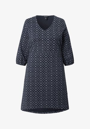 Navyblaues Kleid mit V-Ausschnitt, dreiviertel Puffärmeln und einem kreisförmigen Muster mit hellblauen Akzenten.