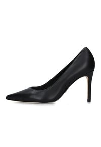 Pump nera in pelle con tacco alto, punta affusolata e silhouette elegante. Caratterizzata da una texture liscia e un tacco sottile tipo stiletto.