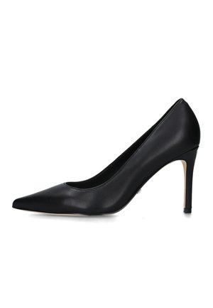 Pump nera in pelle con tacco alto, punta affusolata e silhouette elegante. Caratterizzata da una texture liscia e un tacco sottile tipo stiletto.