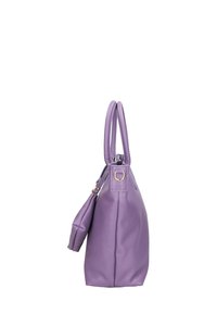 Paarse leren handtas met twee handvatten bovenaan, een gestructureerde vorm en een afneembare bijpassende tas. Kenmerkt zich door een gladde textuur en minimale hardware.