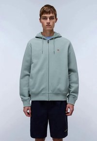 Jovem vestindo um hoodie cinza claro com zíper e um pequeno emblema de bandeira, e calções pretos, posando contra um fundo claro.