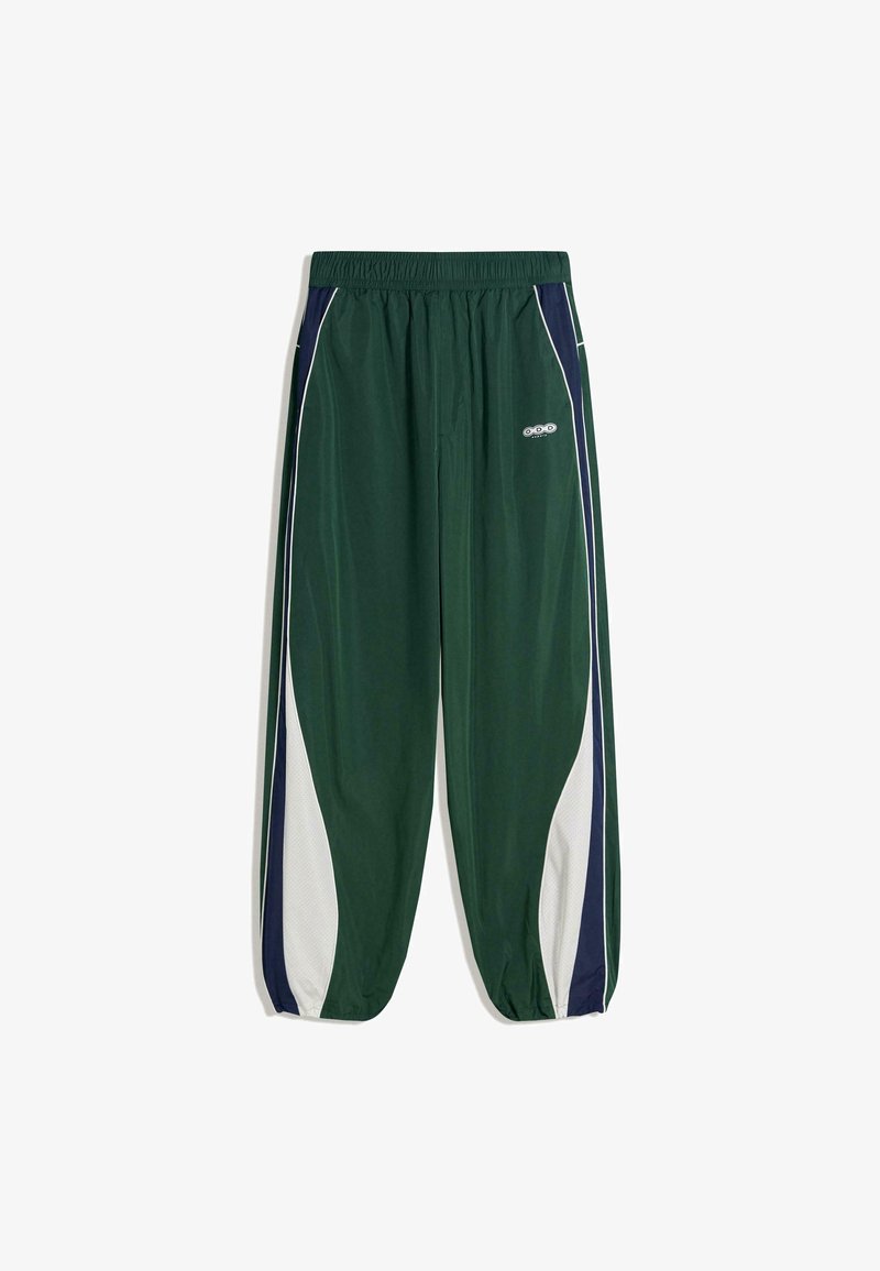 Green lightweight athletic pants with an elastic waistband, side white and navy stripes, and a small logo on the front.