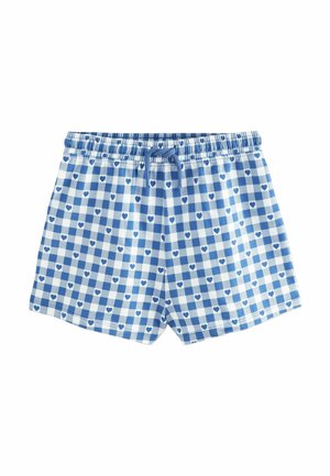 Plave karirane kratke hlače s pojasom na vezanje, koje imaju male uzorke srca u svjetlijoj plavoj boji na bijeloj pozadini.