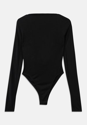 Zwart longsleeve bodysuit gemaakt van rekbaar materiaal, met een vierkante halslijn en een hoge beenuitsnijding zonder zichtbare hardware of patronen.