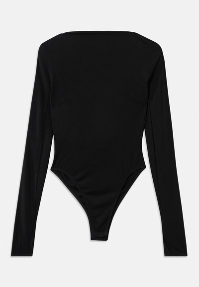 Long-sleeve black bodysuit made of stretchy fabric, featuring a square neckline and a high-cut leg finish with no visible hardware or patterns.