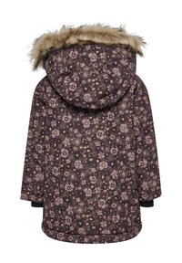 Blomstermønstret brun parka med hætte foret med kunstpels, lange ærmer og sidelommer. Designet har varierede lilla og gule blomster.
