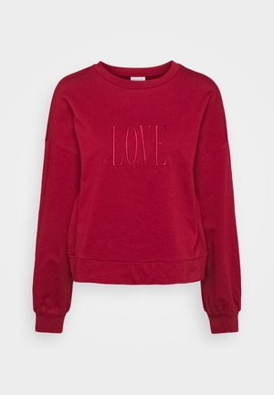 Czerwona bluza z długim rękawem i okrągłym dekoltem, z ściągaczami przy rękawach i haftowanym napisem "LOVE" dużymi wielkimi literami na piersi.