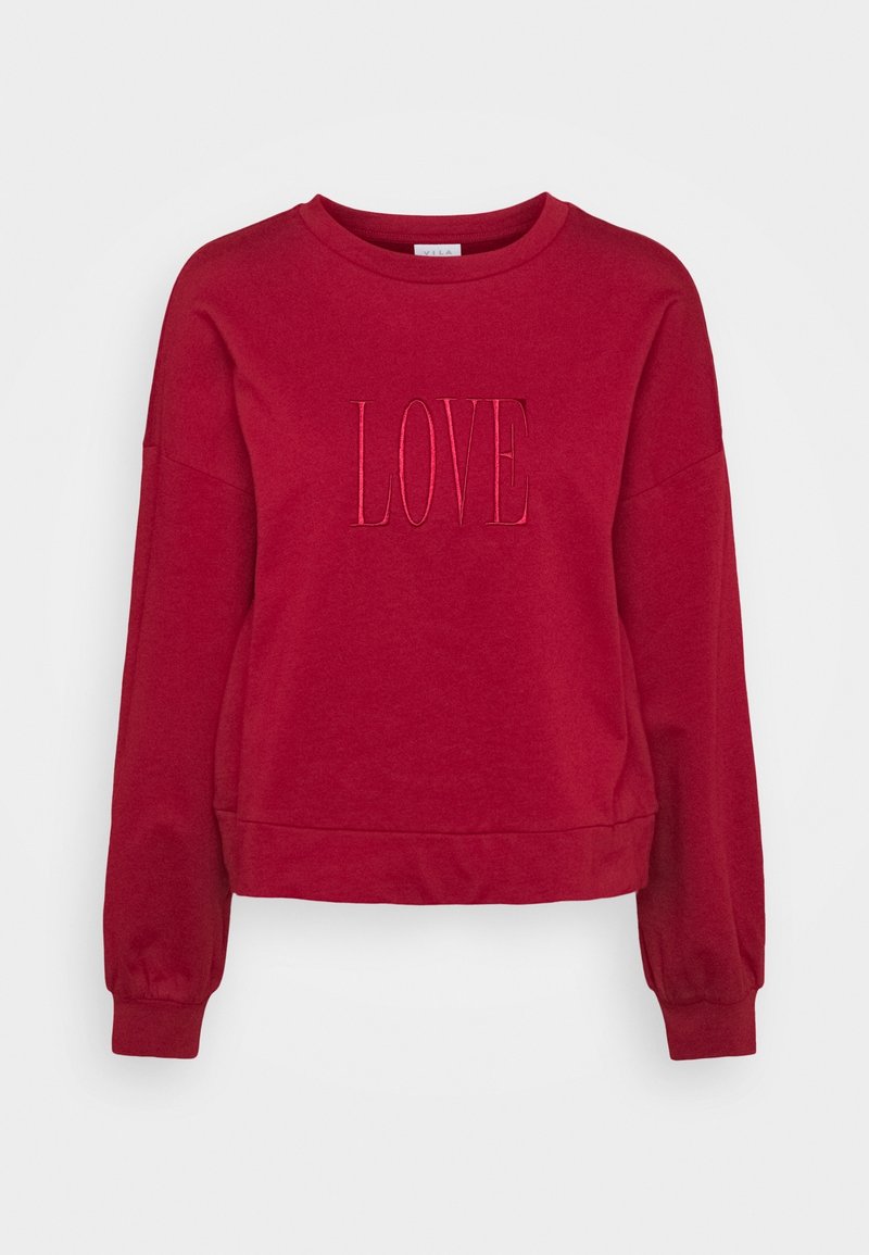 Sweat-shirt rouge à manches longues avec col rond, poignets côtelés et "LOVE" brodé en grandes lettres majuscules sur la poitrine.