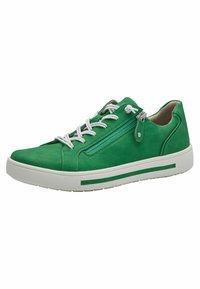 Grüner Wildleder-Sneaker mit weißen Schnürsenkeln, seitlichem Reißverschluss und einer weißen Gummisohle mit grünem Akzentstreifen.