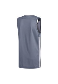 Šedý bezrukávový sportovní dres vyrobený z prodyšného materiálu, s bílými pruhy po stranách a kulatým výstřihem.