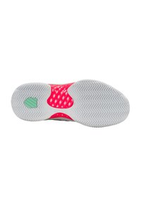 Sole di scarpa sportiva con una base in gomma bianca caratterizzata da un motivo a zigzag, intersuola rosa brillante con dettagli in rete e un accento verde.
