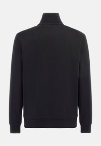 Fekete pulóverdzseki magas gallérral, hosszú ujjal és bordázott mandzsettával. Puha anyag, sima tapintással, látható minták vagy díszítések nélkül.