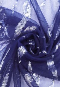 Tessuto trasparente blu navy con paillettes argento disposte in un motivo sparso, morbido e drappeggiato, che mette in evidenza la sua leggerezza.