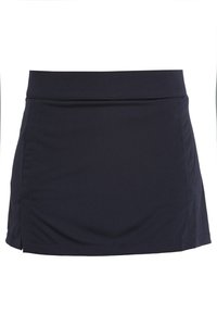 Tmavě modrá sukně z měkké látky má plochý pas, jemné boční sklady a mírný rozparek pro snadnější pohyb.