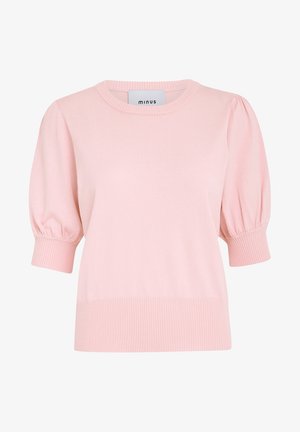 Suéter rosa claro de manga corta con puños y dobladillo acanalados, con mangas abullonadas y textura suave. Etiqueta de la marca: "minus."